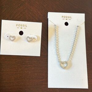 Fossil Heart Rhinestone Pendant Necklace And Heart Earring Set Silver Tone